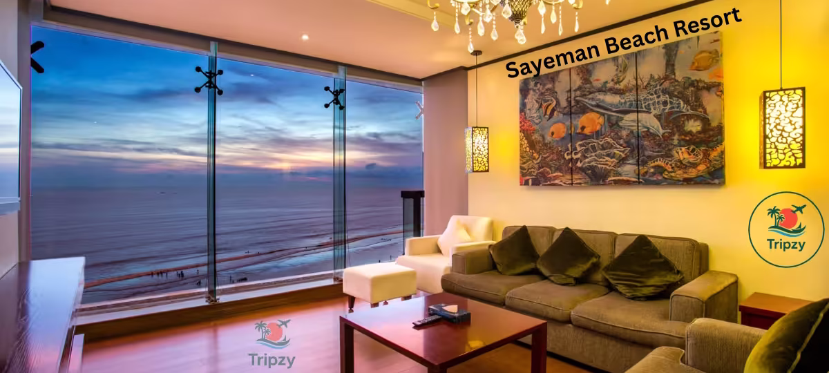 Oceanfront luxury stay at Sayeman Beach Resort with elegant rooms, beachfront infinity pool, and scenic sunset views in Cox’s Bazar, Bangladesh.