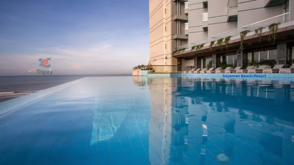 Luxury beachfront view of Sayeman Beach Resort in Cox’s Bazar featuring modern architecture, infinity swimming pool, and panoramic view of the Bay of Bengal.